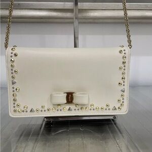 Ferragamo Leather Cream Wallet On A Chain With Studs And Iconic Bow! NIB